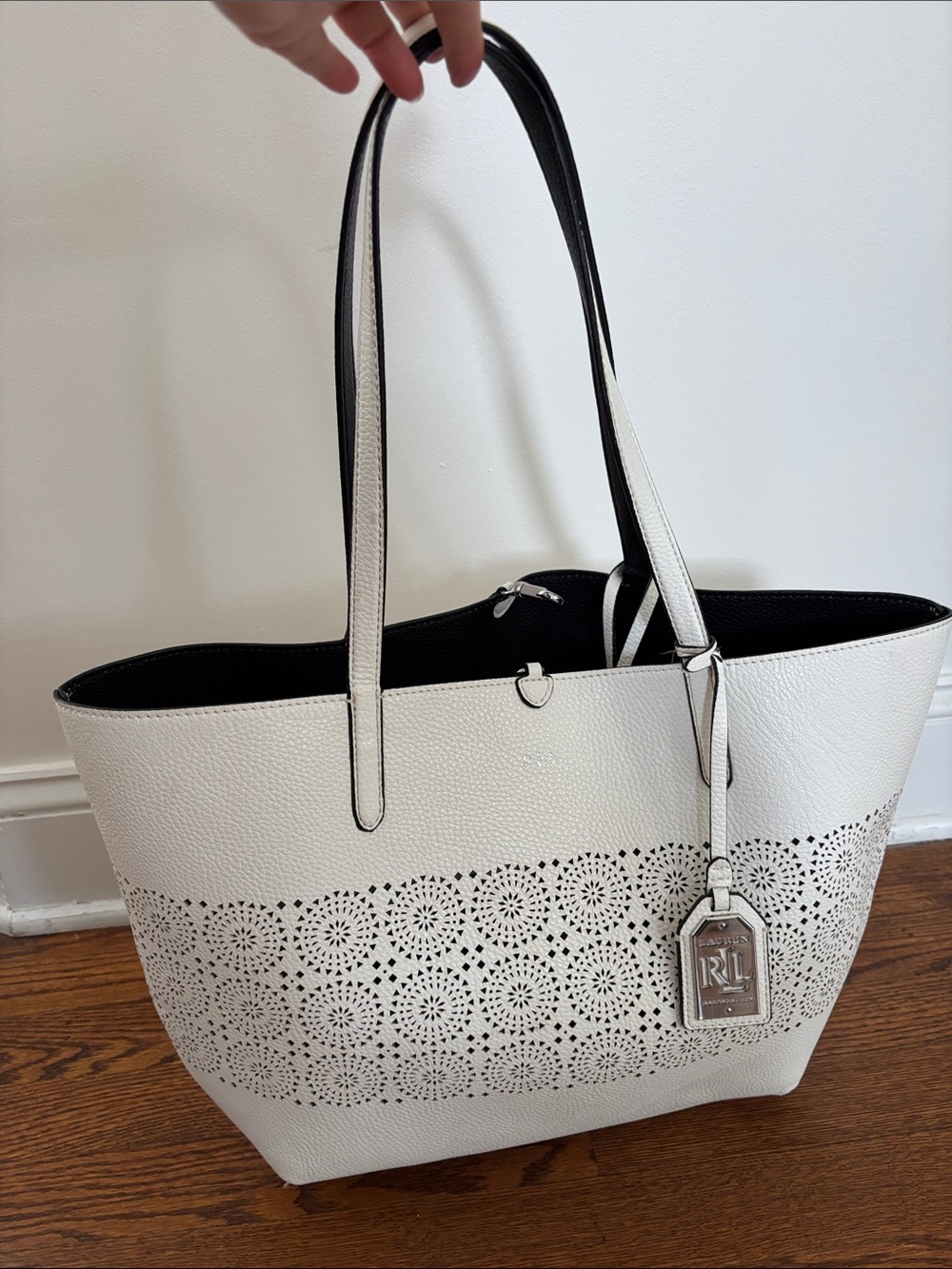 Ralph Lauren Reversible large tote laser cut white black silver tone logo charm